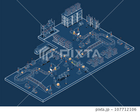 Intelligent warehouse technology concept with automated warehouse robots, autonomous robot transportation operations, and warehouse automation system. Vector illustration eps10 Intelligent warehouse technology concept with automated warehouse robots, autonomous robot transportation operations, and warehouse automation system. Vector illustration eps10 107712106