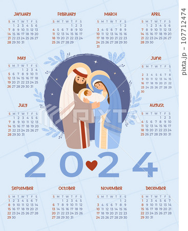 2024 annual Christmas calendar. Holy Family. Cute cartoon Virgin Mary, saint Joseph and baby Jesus Christ on blue background. Vector vertical template 12 months in English. Week on Sunday. Stationery 107712474