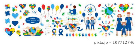 World Autism Awareness Day. Big set vector illustration. Design elements themes autism for layouts. World Autism Awareness Day. Big set vector illustration. Design elements themes autism for layouts. 107712746