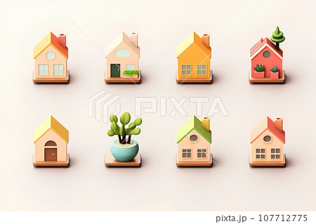 カラフルな住宅のアイコンセット(3D)楽しい街並みと街づくり。 カラフルな住宅のアイコンセット(3D)楽しい街並みと街づくり。 107712775