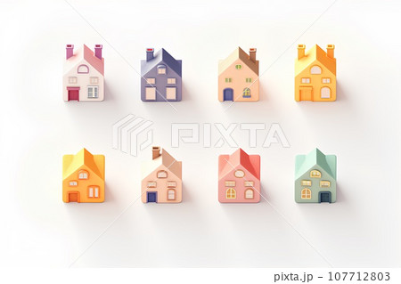 カラフルな住宅のアイコンセット(3D)楽しい街並みと街づくり。 カラフルな住宅のアイコンセット(3D)楽しい街並みと街づくり。 107712803