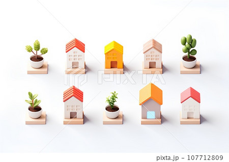 カラフルな住宅のアイコンセット（3D）楽しい街並みと街づくり。 107712809