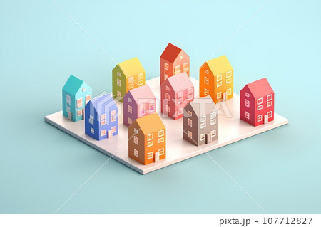 カラフルな住宅のアイコンセット(3D)楽しい街並みと街づくり。 カラフルな住宅のアイコンセット(3D)楽しい街並みと街づくり。 107712827
