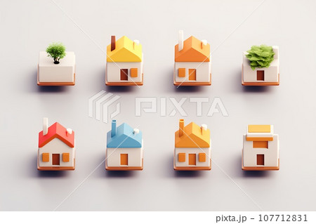 カラフルな住宅のアイコンセット(3D)楽しい街並みと街づくり。 カラフルな住宅のアイコンセット(3D)楽しい街並みと街づくり。 107712831