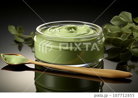 Glass jar with homemade organic cream or ointment with natural ingredients. Cosmetic product made of olive oil, avocado, herbs and spices. DIY remedy for body and health. Organic beauty products. Glass jar with homemade organic cream or ointment with natural ingredients. Cosmetic product made of olive oil, avocado, herbs and spices. DIY remedy for body and health. Organic beauty products. 107712855