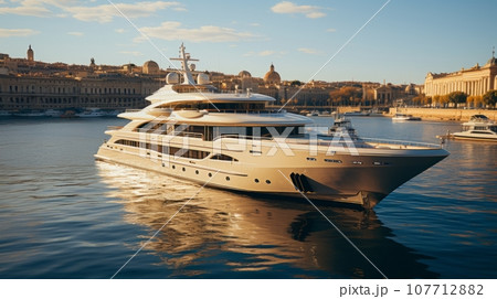 Luxury yacht moored in picturesque bay of beautiful ancient Mediterranean city. Ultra-modern megayacht reflected in water under the bright summer sun. Luxury tourism and romantic sea cruises concept. 107712882
