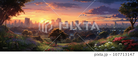 Bustling urban park at twilight photo realistic illustration - Generative AI. 107713147