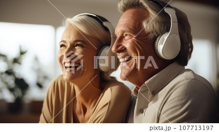 Senior mature couple wearing headphones listens to the music together. Happy smiling retired people enjoy modern ways of spending their leisure time. New trends and technology for all ages. 107713197
