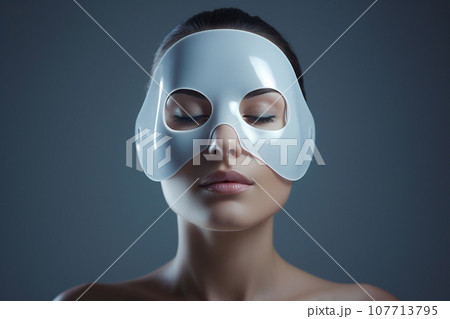 Woman with led light therapy facial beauty mask, photon therapy. Cosmetic procedure for woman face, LED facial mask treatment. Professional cosmetology anti-aging procedure. Skin care, spa and health. 107713795