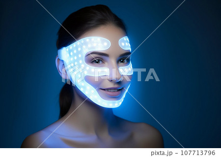 Woman with led light therapy facial beauty mask, photon therapy. Cosmetic procedure for woman face, LED facial mask treatment. Professional cosmetology anti-aging procedure. Skin care, spa and health. 107713796