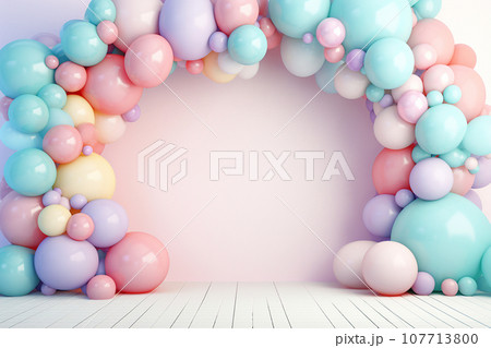 Helium balloons arch on pastel background. Wall decorated with colorful balloons for birthday party, baby shower, wedding. Mockup, template for greeting card. Composition with balloons, space for text 107713800