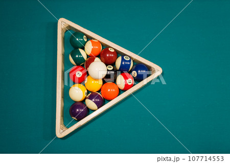 Billiard accessories balls and pyramid on a billiard table 107714553