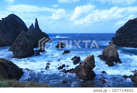 隠岐諸島・西ノ島の国賀海岸、奇岩の点在する岩場 隠岐諸島・西ノ島の国賀海岸、奇岩の点在する岩場 107714602