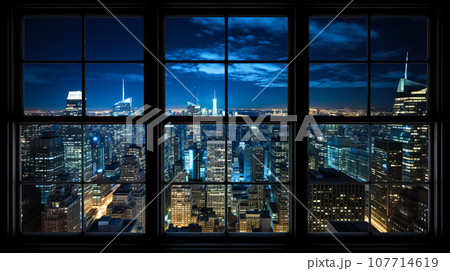 高層ビルの窓から見える都市の夜景「AI生成画像」 107714619