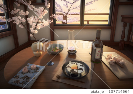 Still life on a table in the garden. Neural network AI generated 107714664