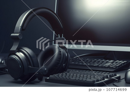 Headphones on table wood. Neural network AI generated 107714699