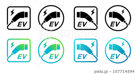 電気自動車の充電プラグ、EV充電コンセント、充電スポットのベクターアイコンセット 107714894