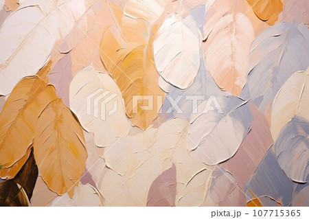 抽象的な葉の柄のデザインの油絵・背景バナー）ピンク・オレンジ・水色。AI生成画像 107715365