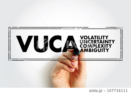 VUCA Volatility, Uncertainty, Complexity, Ambiguity - conflates four distinct types of challenges that demand four distinct types of responses, acronym text concept stamp 107716111