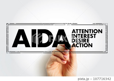 AIDA (marketing) Attention Interest Desire Action - one of a class of models known as hierarchy of effects models, acronym text concept stamp AIDA (marketing) Attention Interest Desire Action - one of a class of models known as hierarchy of effects models, acronym text concept stamp 107716342
