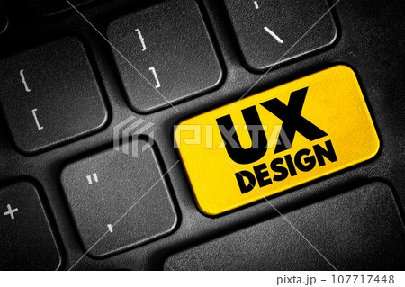 UX Design - process of creating evidence-based, interaction designs between human users and products or websites, text button on keyboard 107717448