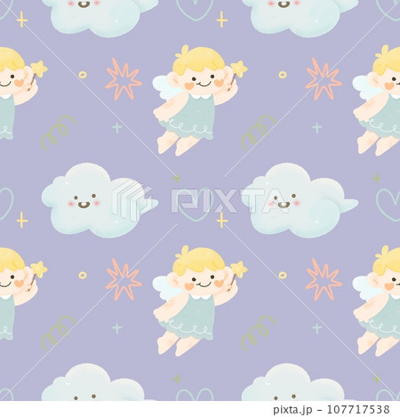 Cute kawaii cartoon  Christmas seamless pattern with little boy angel and cloud , doodle hand drawn water colour illustration. 107717538