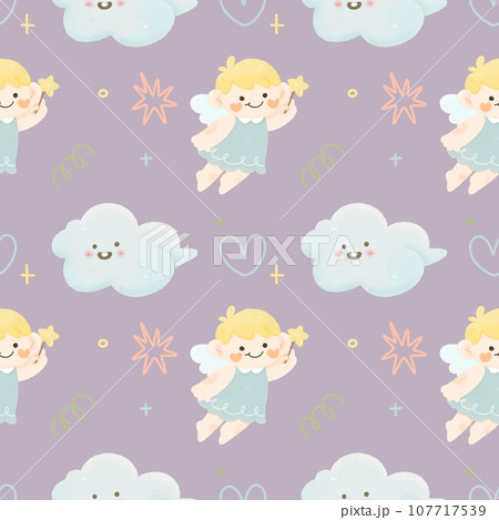 Cute kawaii cartoon  Christmas seamless pattern with little boy angel and cloud , doodle hand drawn water colour illustration. 107717539