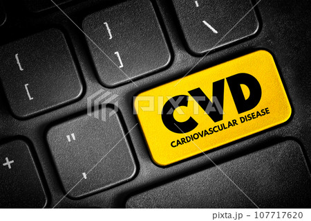 CVD Cardiovascular Disease - group of disorders of the heart and blood vessels, acronym text button on keyboard, concept background 107717620