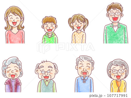 手描き風人物表情セット_笑顔_8人_一覧 手描き風人物表情セット_笑顔_8人_一覧 107717991
