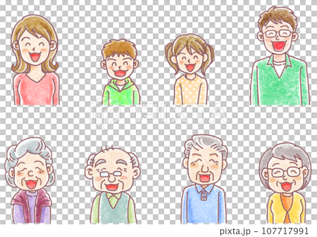 手描き風人物表情セット_笑顔_8人_一覧 手描き風人物表情セット_笑顔_8人_一覧 107717991