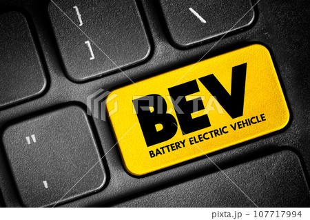 BEV Battery Electric Vehicle - type of electric vehicle that exclusively uses chemical energy stored in rechargeable battery packs, acronym concept button on keyboard 107717994