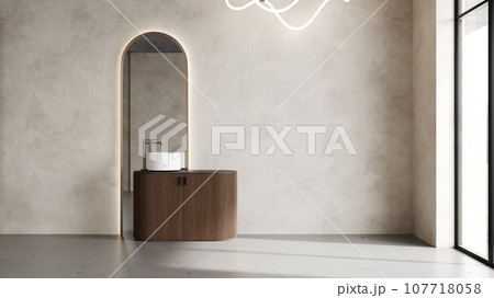 Modern bathroom interior mock up with sink and mirror, empty plaster wall mockup, 3d rendering 107718058