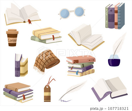 A cozy set of books, open books and books stacked in piles. Different attributes to read. Vector illustration A cozy set of books, open books and books stacked in piles. Different attributes to read. Vector illustration 107718321