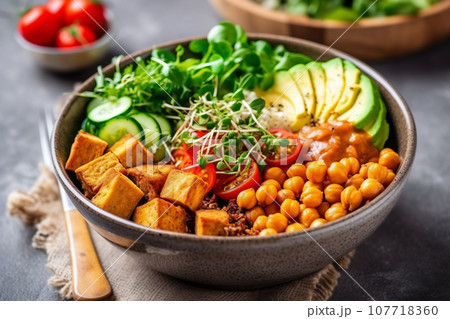 Healthy vegetarian Buddha bowl with fresh ingredients close up Healthy vegetarian Buddha bowl with fresh ingredients close up 107718360