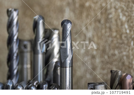 Close-up scene group of the used coating solid end mill. 107719491