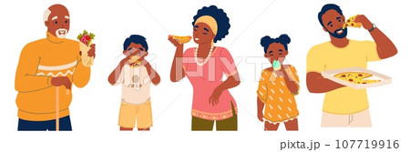 Young adult people and children consuming unhealthy fast junk food Young adult people and children consuming unhealthy fast junk food 107719916