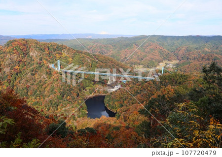 竜神峡赤岩展望台からの紅葉に彩られる竜神大吊橋とダム 竜神峡赤岩展望台からの紅葉に彩られる竜神大吊橋とダム 107720479
