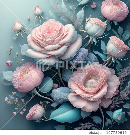 Flower realistic blue pink colour abstract pattern. Floral colour 107720616