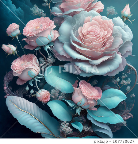 Flower realistic blue pink colour abstract pattern. Floral colour 107720627