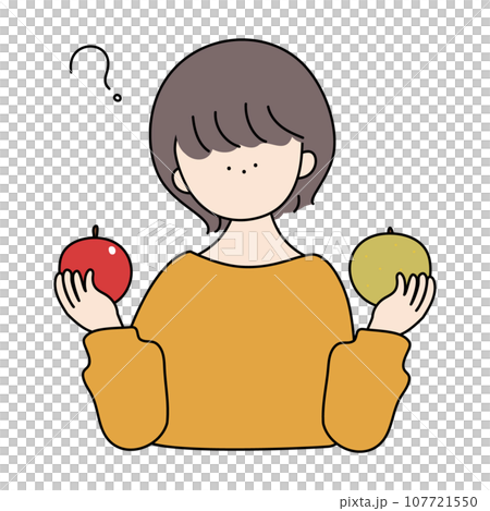 A girl holding apples and pears and smiling happily 107721550