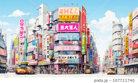 昼の秋葉原のビルの街並みの水彩画