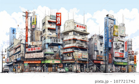 昼の秋葉原のビルの街並みの水彩画