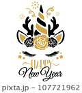 Happy New Year vector illustration with unicorn face. Girls New Year design isolated good for greetings cards, poster, print, sticker, invitations, baby t-shirt, mug, gifts. 107721962