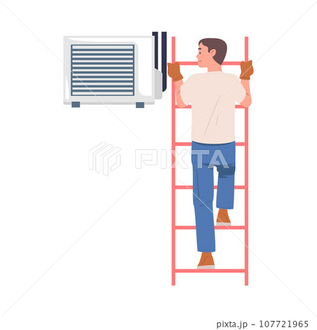 Man Character on Ladder Fix and Repair Ventilation and Air Conditioner Vector Illustration Man Character on Ladder Fix and Repair Ventilation and Air Conditioner Vector Illustration 107721965