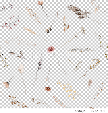 Seamless pattern made of brown, dark red and beige watercolor wild flowers and leaves illustration Seamless pattern made of brown, dark red and beige watercolor wild flowers and leaves illustration 107721995
