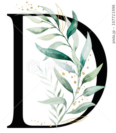 Black letter D with green a watercolor leaves, isolated wedding illustration, Alphabet Element Black letter D with green a watercolor leaves, isolated wedding illustration, Alphabet Element 107721996