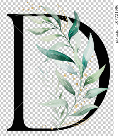 Black letter D with green a watercolor leaves, isolated wedding illustration, Alphabet Element Black letter D with green a watercolor leaves, isolated wedding illustration, Alphabet Element 107721996