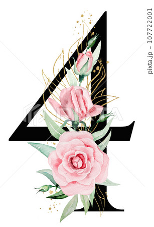 Black number 4 with pink watercolor flowers and green and golden leaves, isolated illustration. 107722001