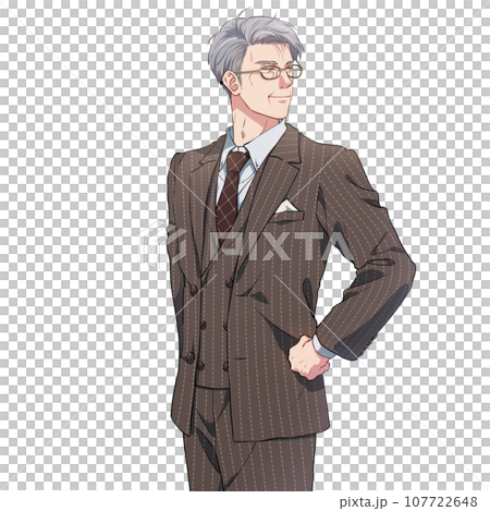 A middle-aged man in a suit standing with his hands on his hips 107722648