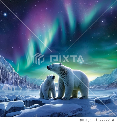 Majestic display of nature's beauty with polar bears and penguins beneath the Arctic Aurora Majestic display of nature's beauty with polar bears and penguins beneath the Arctic Aurora 107722718